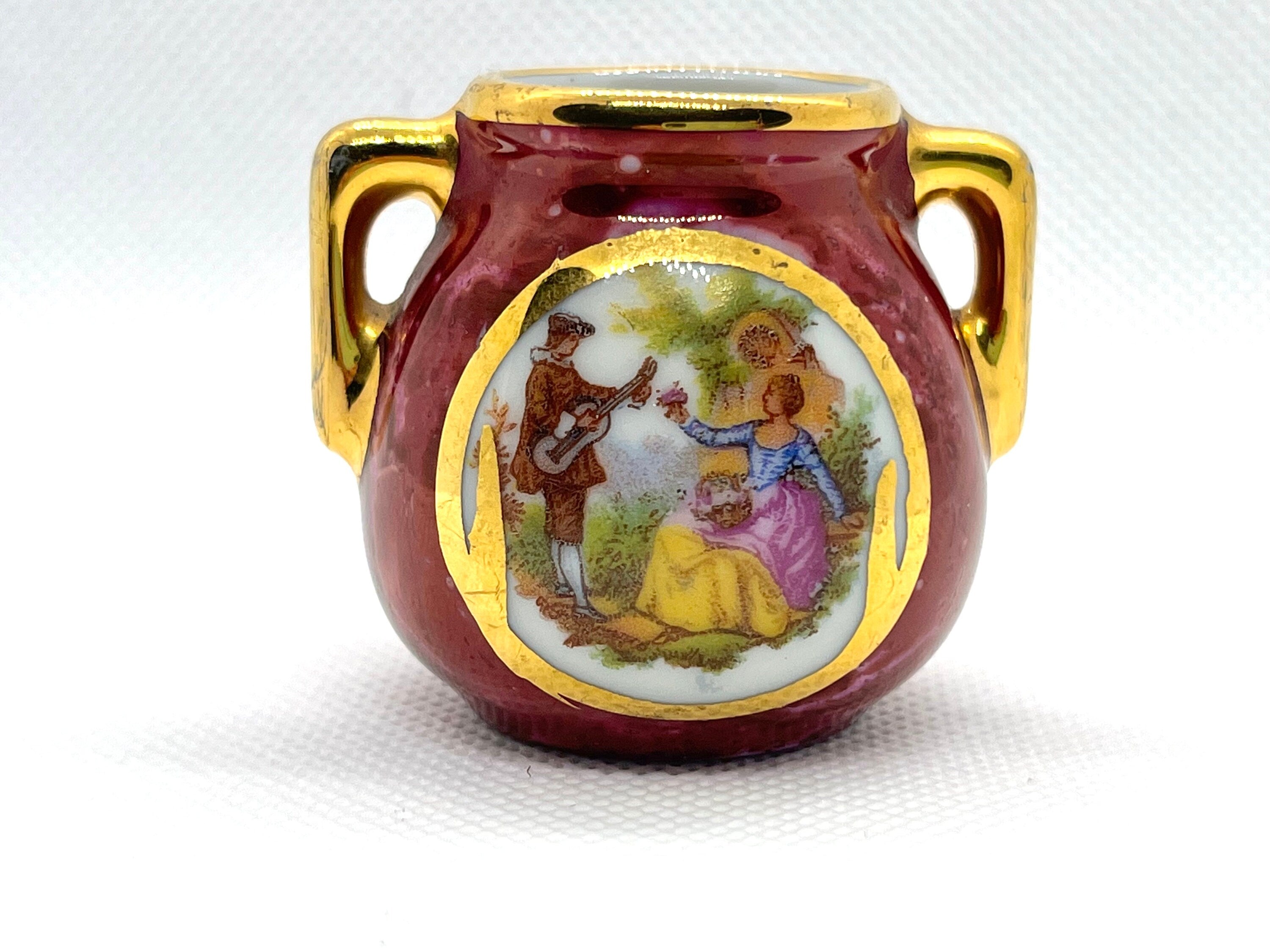 Miniature Signed Limoges Dark Moire Red Porcelain Amphora Vintage Vase with painted Romantic Scene on it. Collectible Souvenir. Gift Unisex