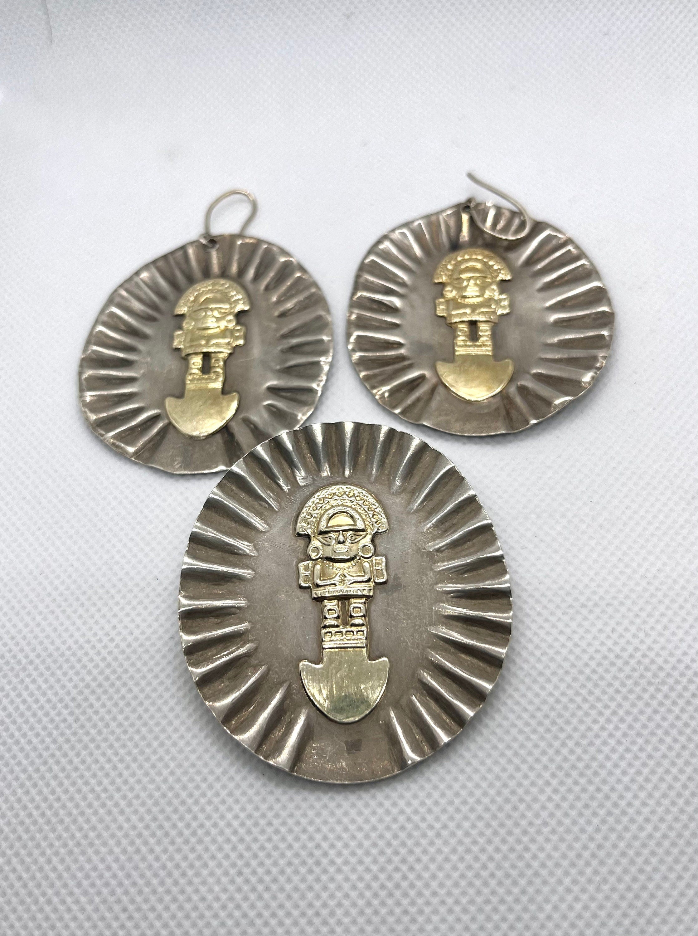 Silver 925 with 18K Gold attached Aztec God of the Sun image Vintage Ethnic Jewellery Set of Pendant and Earrings. Boho style. Gift for her