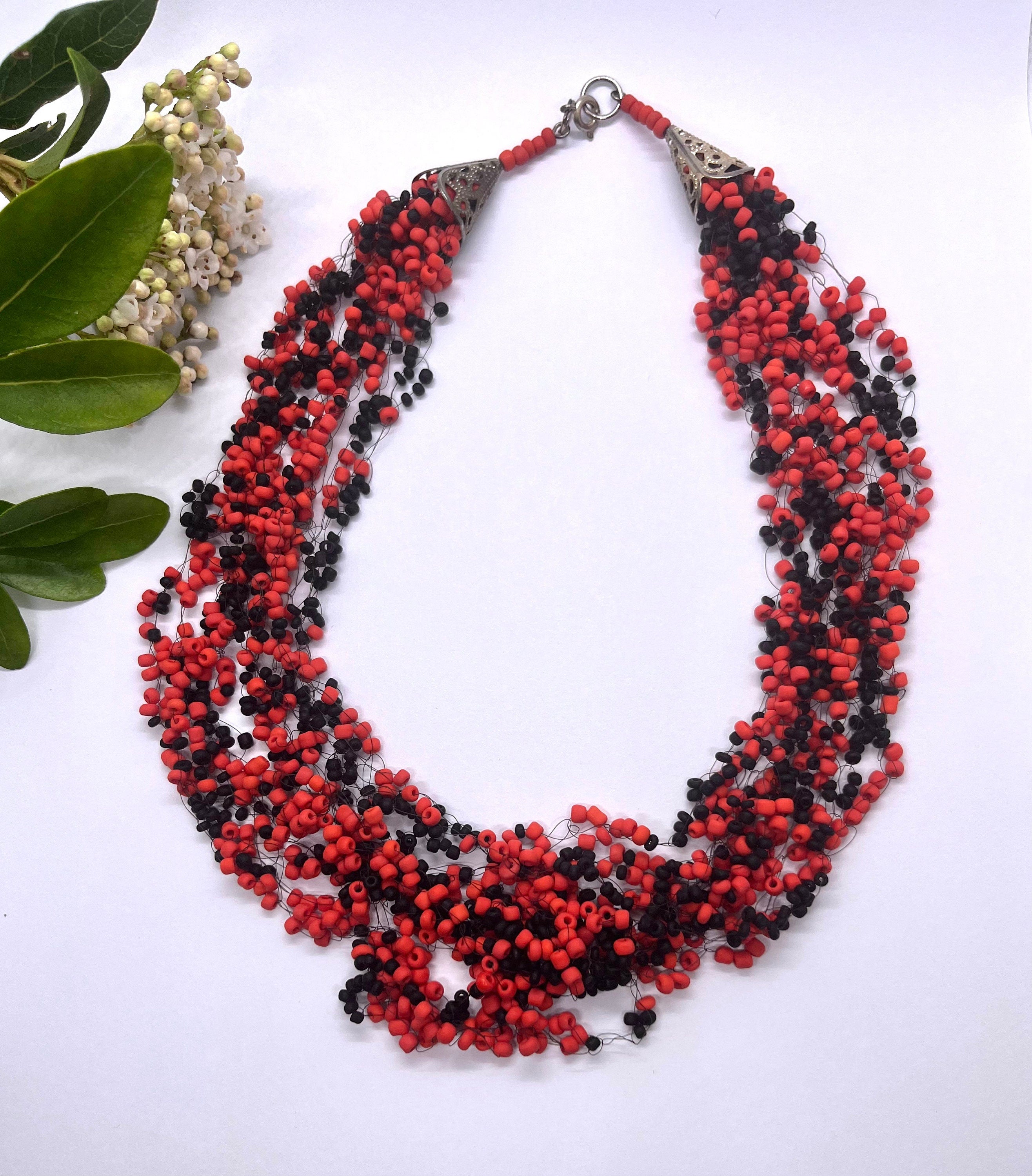 Red and Black seed beads Volume Multistrand Ukrainian Ethnic Vintage Necklace for a Woman. Boho style Necklace. Gift for Her.