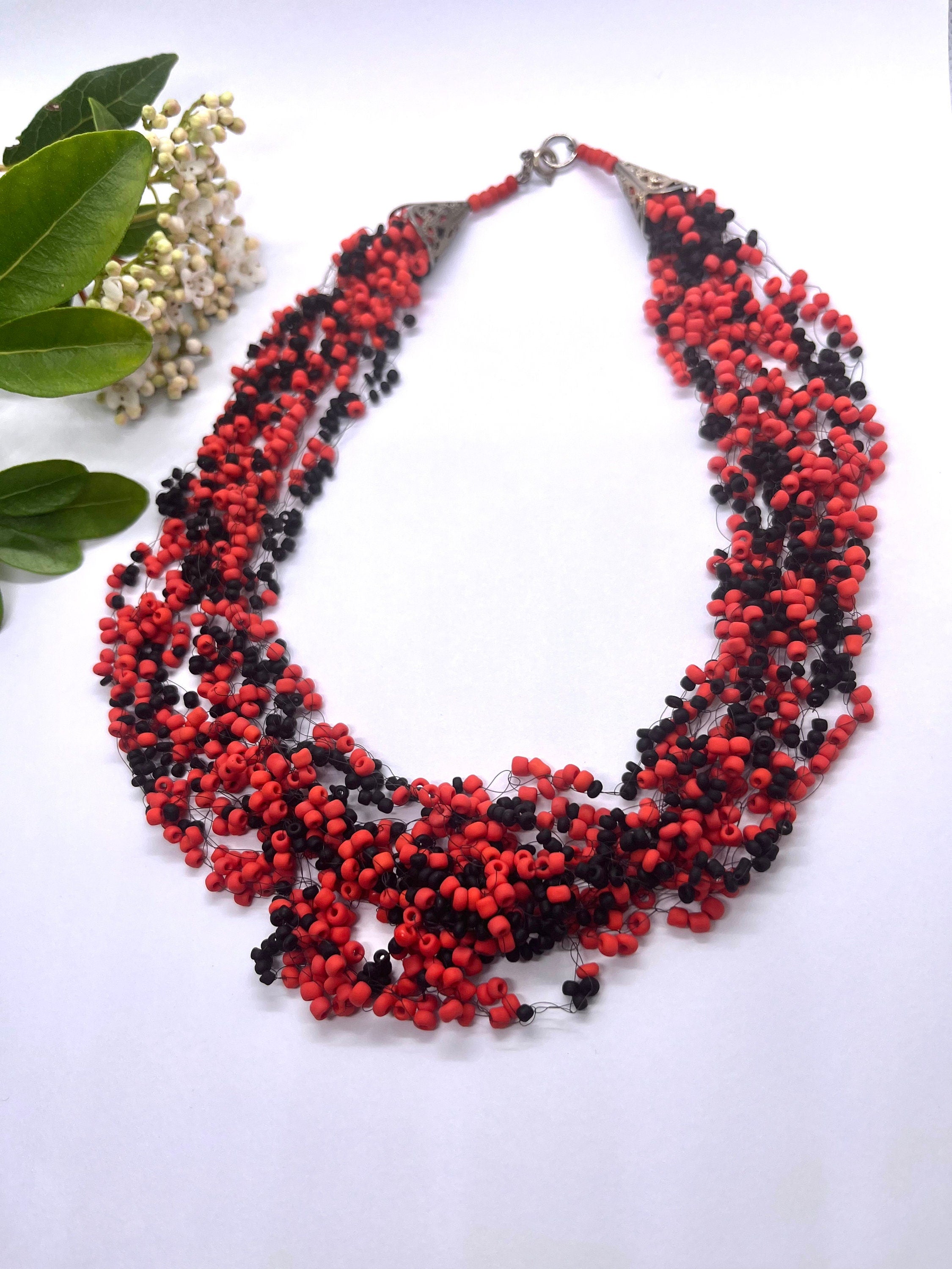 Red and Black seed beads Volume Multistrand Ukrainian Ethnic Vintage Necklace for a Woman. Boho style Necklace. Gift for Her.