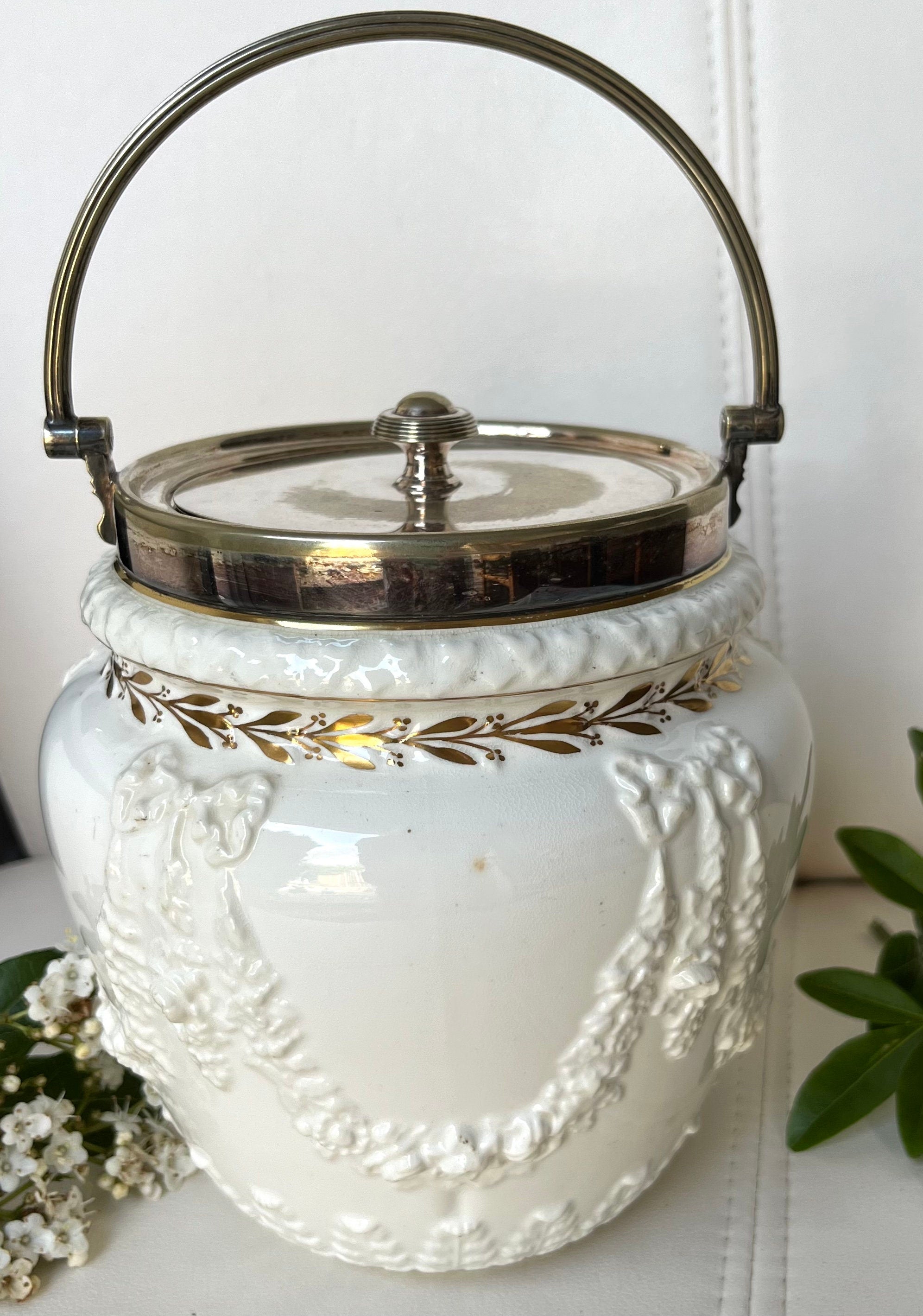 Antique Victorian White Porcelain Biscuits Jar with a Silver Plated lid and handle, Stamped by Maker and Hallmarked. Collectible Gift Unisex