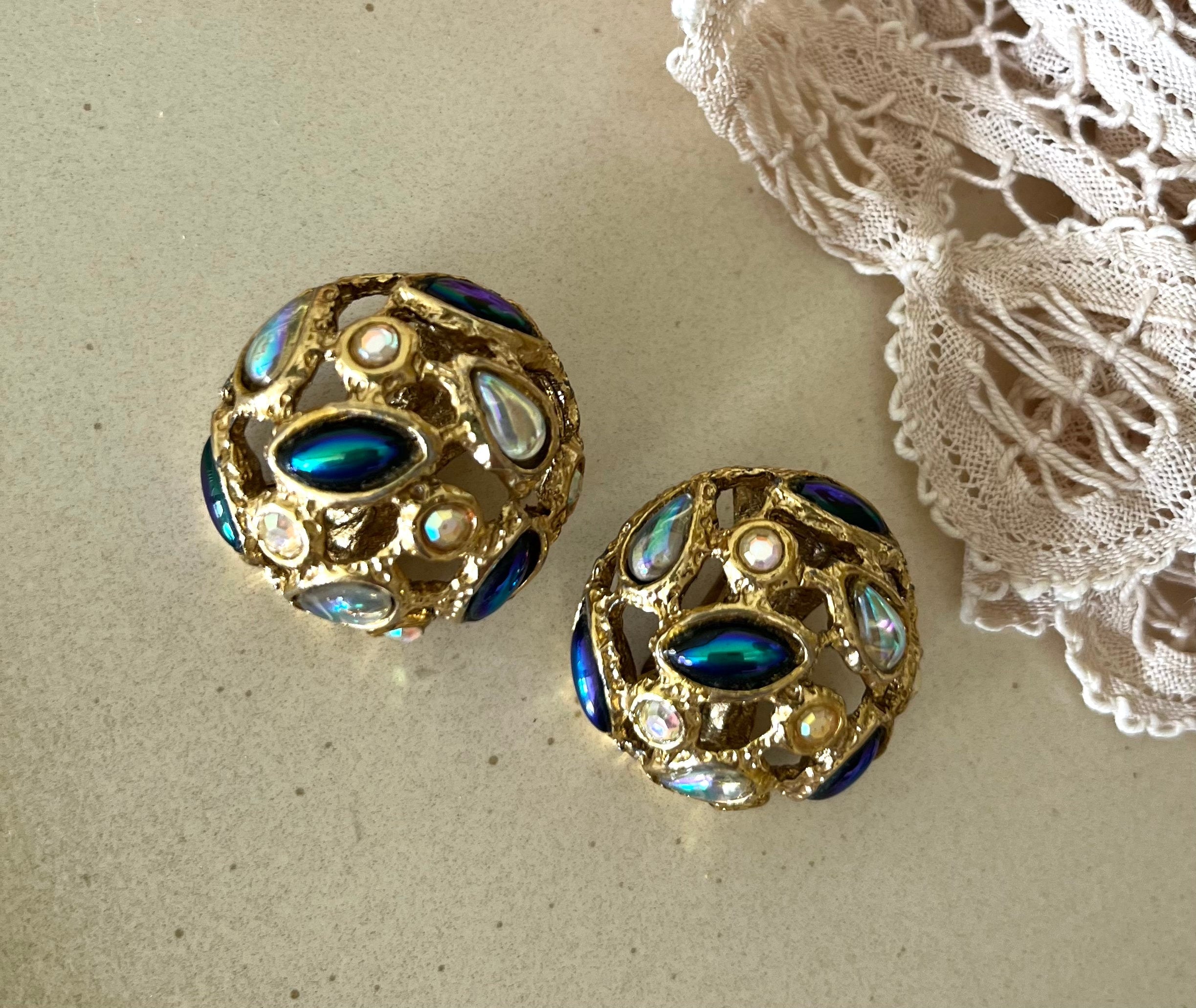 Striking Large Gold tone Metal Dome shape Reticulated Clip on Earrings with Multicoloured Various Shape Crystals. Vintage Gift for Her.