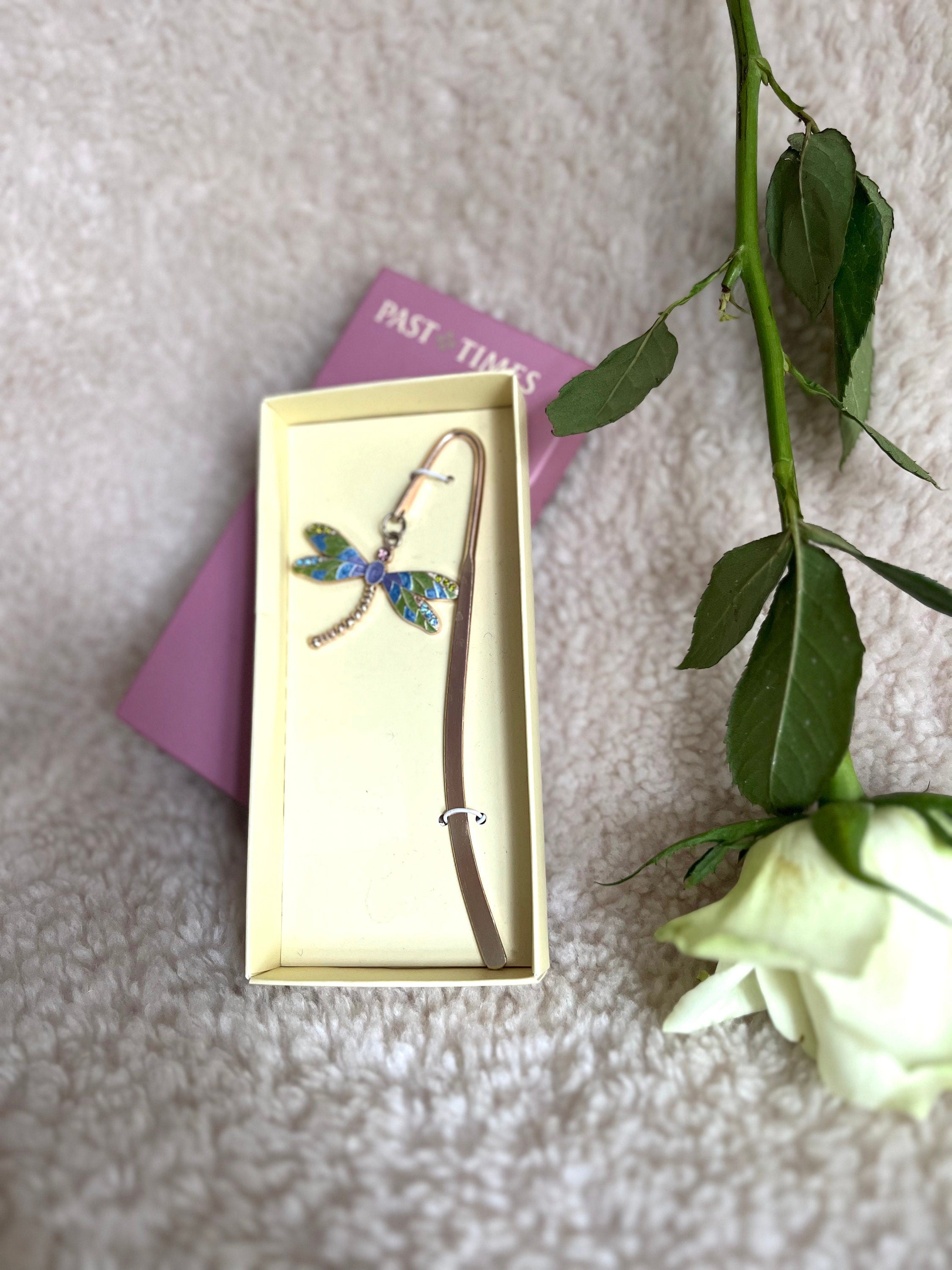 Vintage Past Times Gold Tone Metal and Enamel Dragonfly Bookmark. Collectible Souvenir. Gift for a book lover. Gift Unisex.