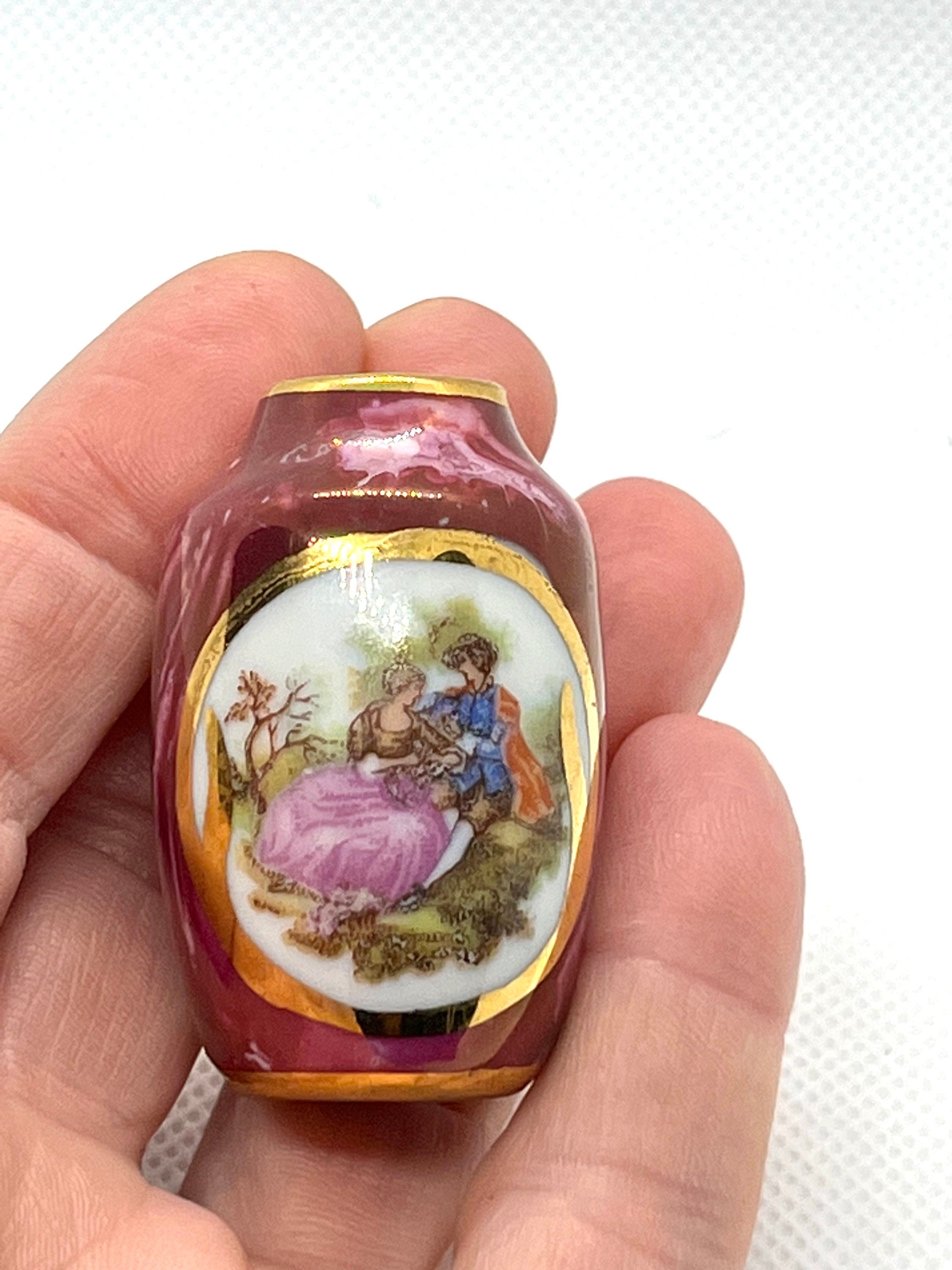 Miniature Signed Limoges Moire Dark Red Porcelain Classic Shaped Vase with Romantic Scene. Collectible Souvenir. Home Decor. Gift Unisex