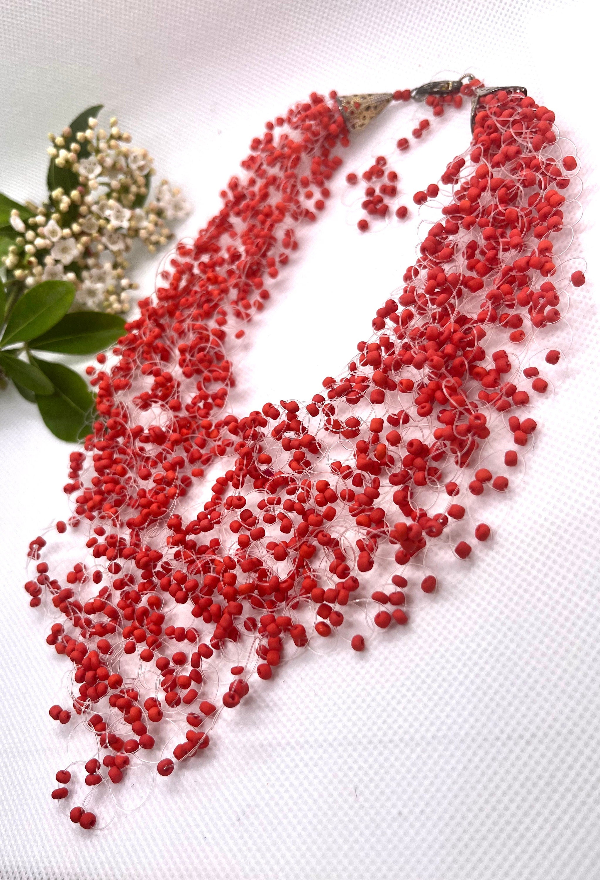 Ukrainian Handmade Vintage Crocheted on a nylon thread Red Seed Beads “airy” Namisto Necklace. Gift for Her.