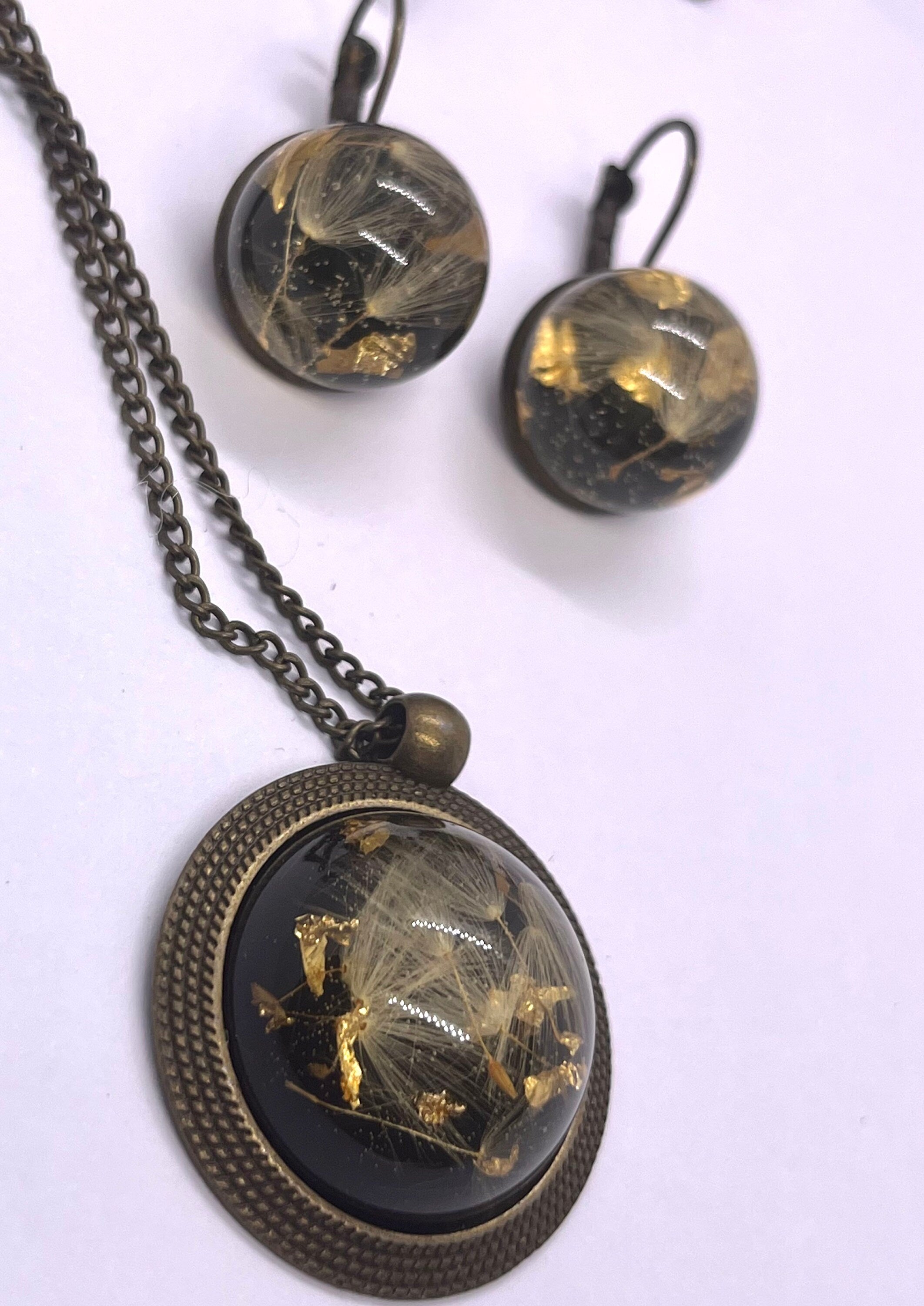 Unique Handmade Vintage Dandelion and Gold pieces Jewellery Set of Brass Earrings and Pendant Necklace with Epoxy Cabochons. Gift for Her.