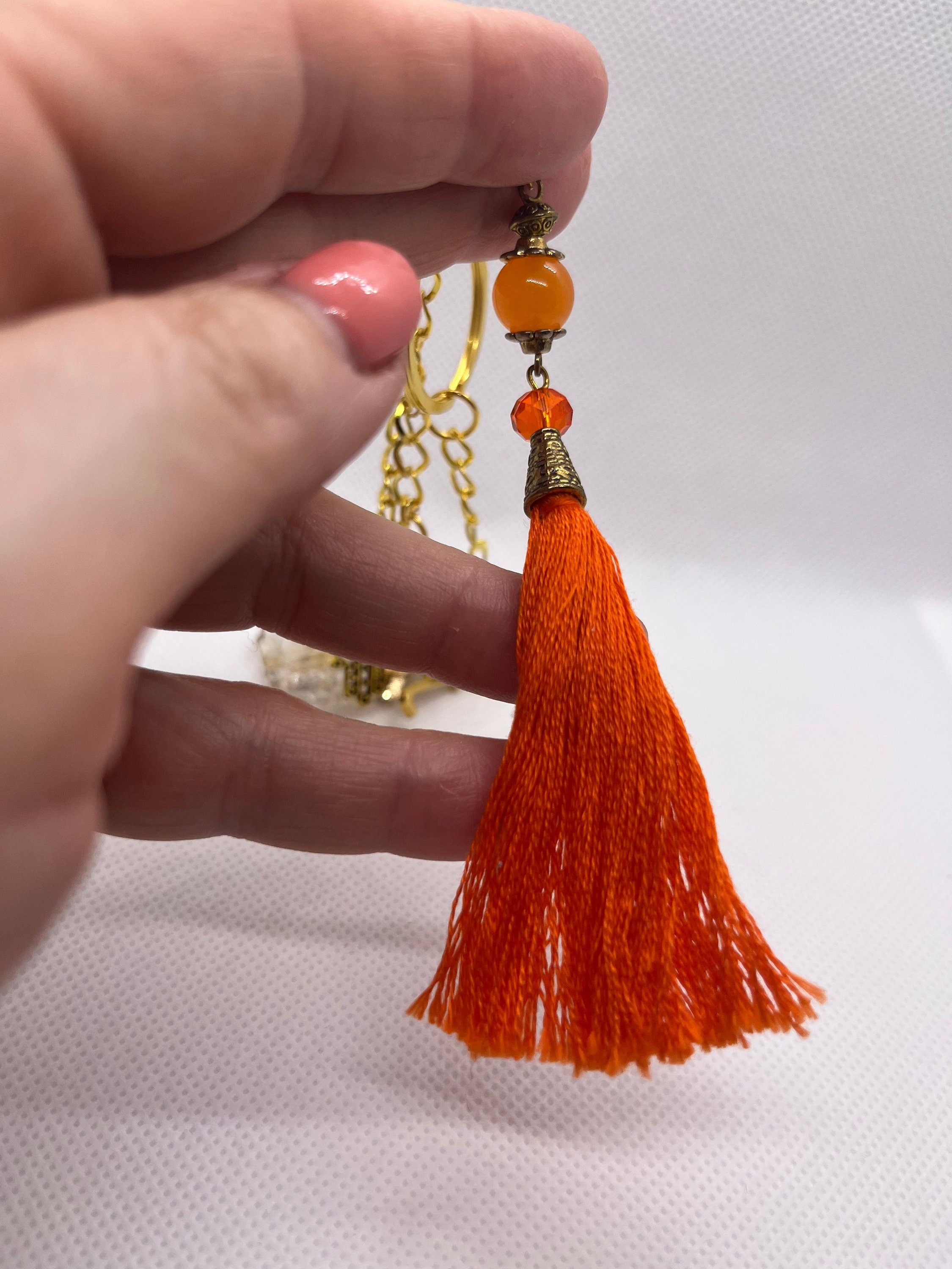 Personalised with Letter H Gold tone Metal Key Ring with Natural Citrine, Hamsa Hand, Orange Topaz and Cotton Tassel charms. Gift for Her.