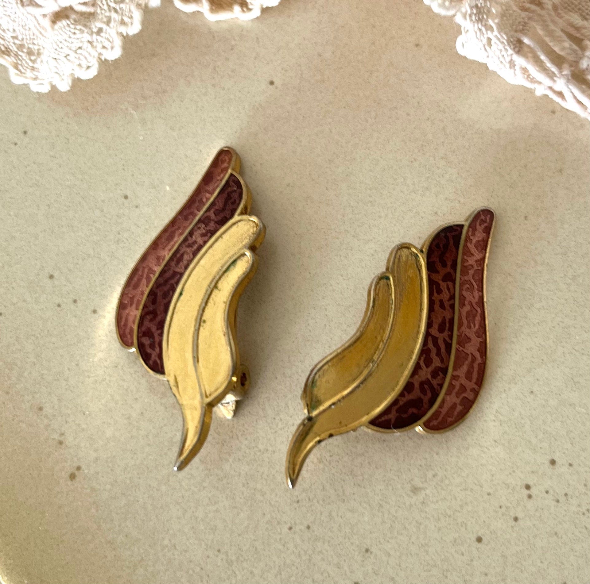 Art Deco Style Wing shaped Gold and Brown Clip On Vintage Earrings for a Woman. Gift for Her. Birthday Present. Casual or Evening Accessory