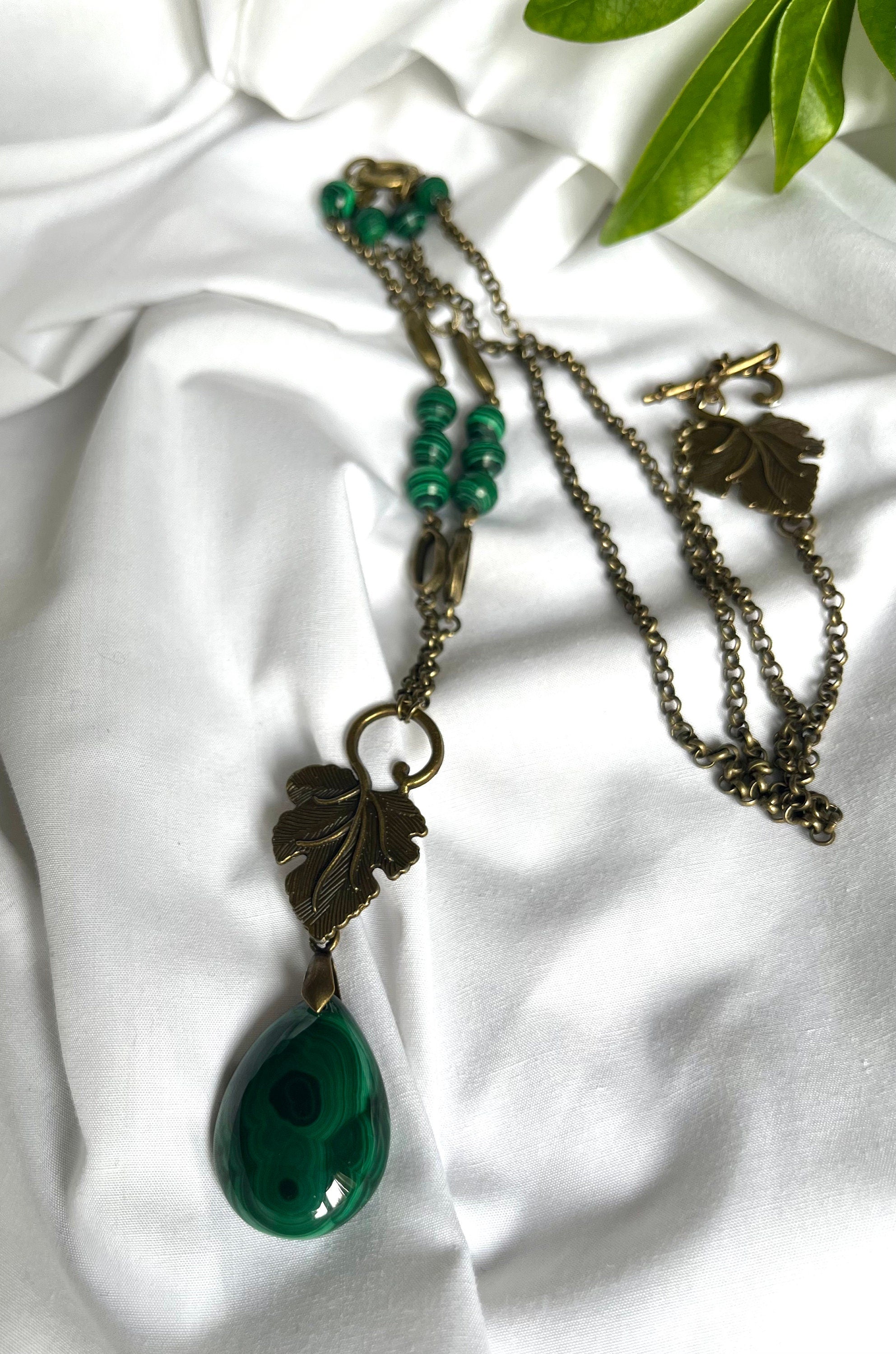 Natural Malachite Tear Drop Pendant on a Brass Chain Handmade Boho Style Long Necklace with a Grape Leaves Connector and Clasp. Gift for Her