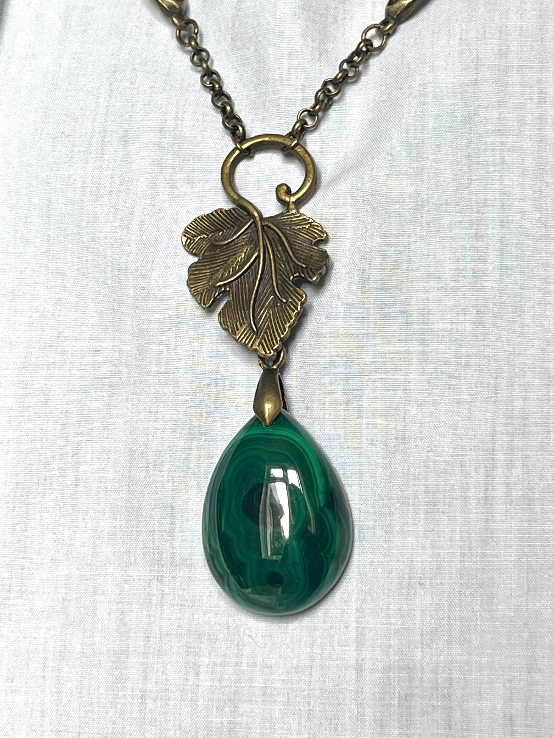 Natural Malachite Tear Drop Pendant on a Brass Chain Handmade Boho Style Long Necklace with a Grape Leaves Connector and Clasp. Gift for Her