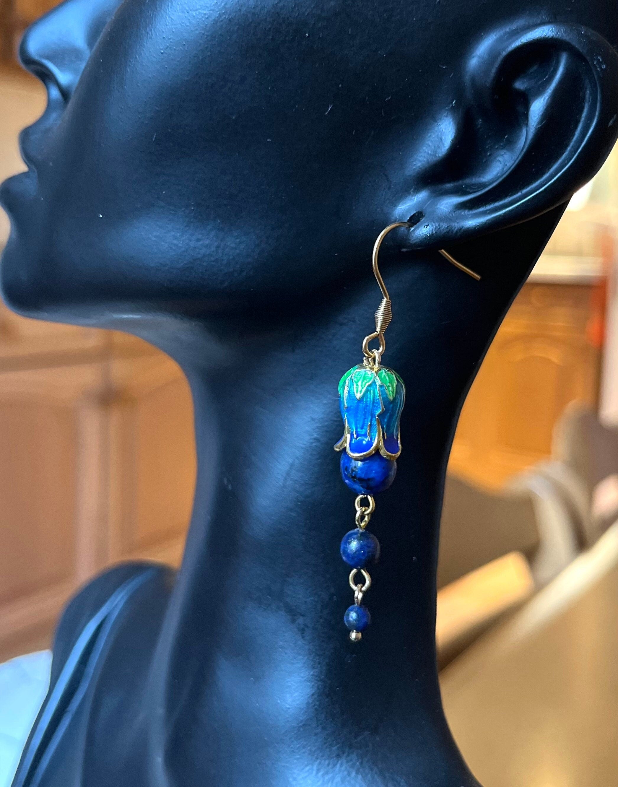 Natural Lapis Lazuli beads and Tulip Blue Enamelled Cup Dangle Drop Handmade Earrings with Gold Plated Stainless Steel Hooks. Gift for Her