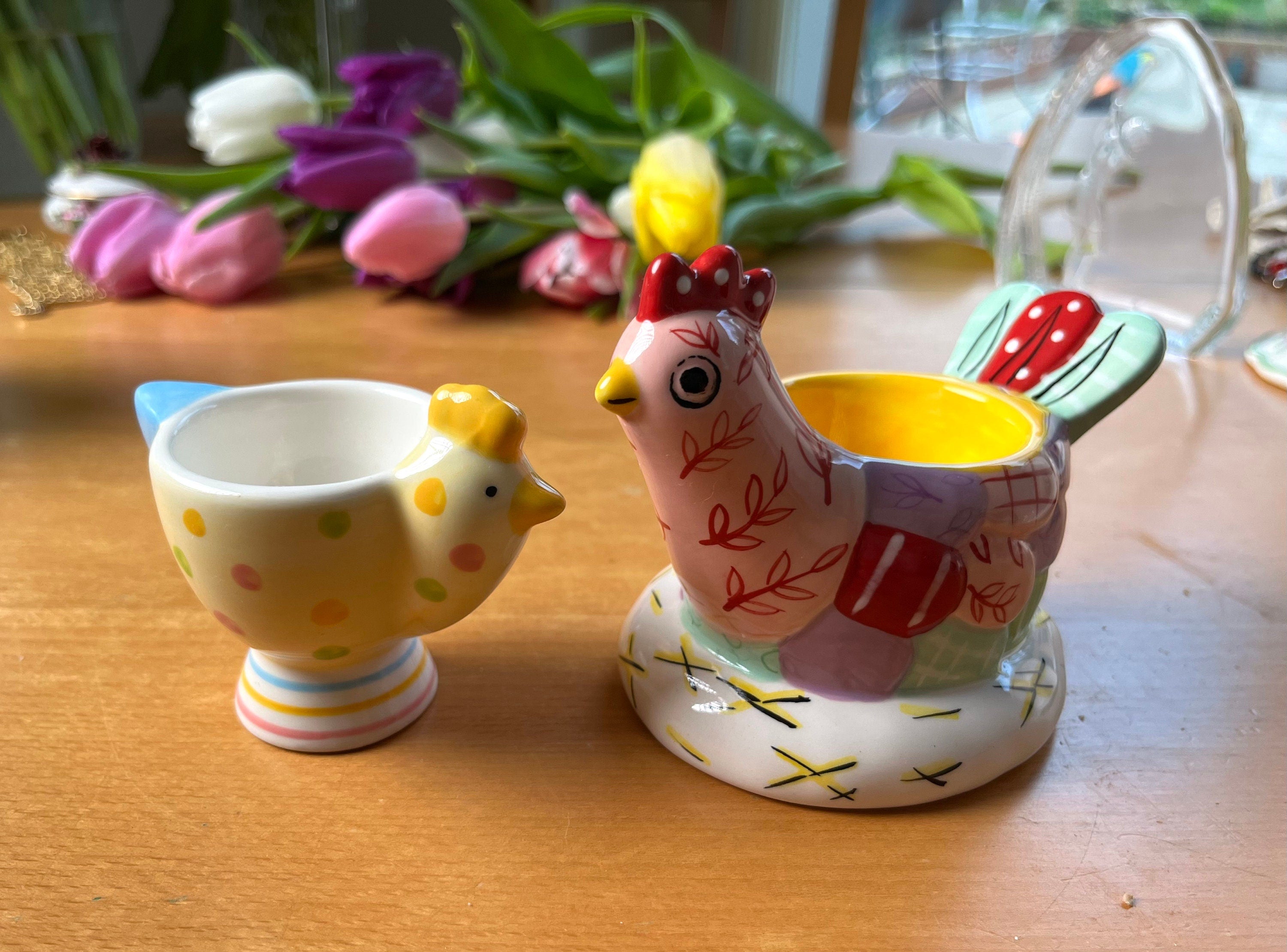 A Pair of Colourful Vintage Ceramic Egg Cups shaped as a Hen and a Chicken. Collectible Souvenir. Tableware. Gift for a kid. Gift unisex.