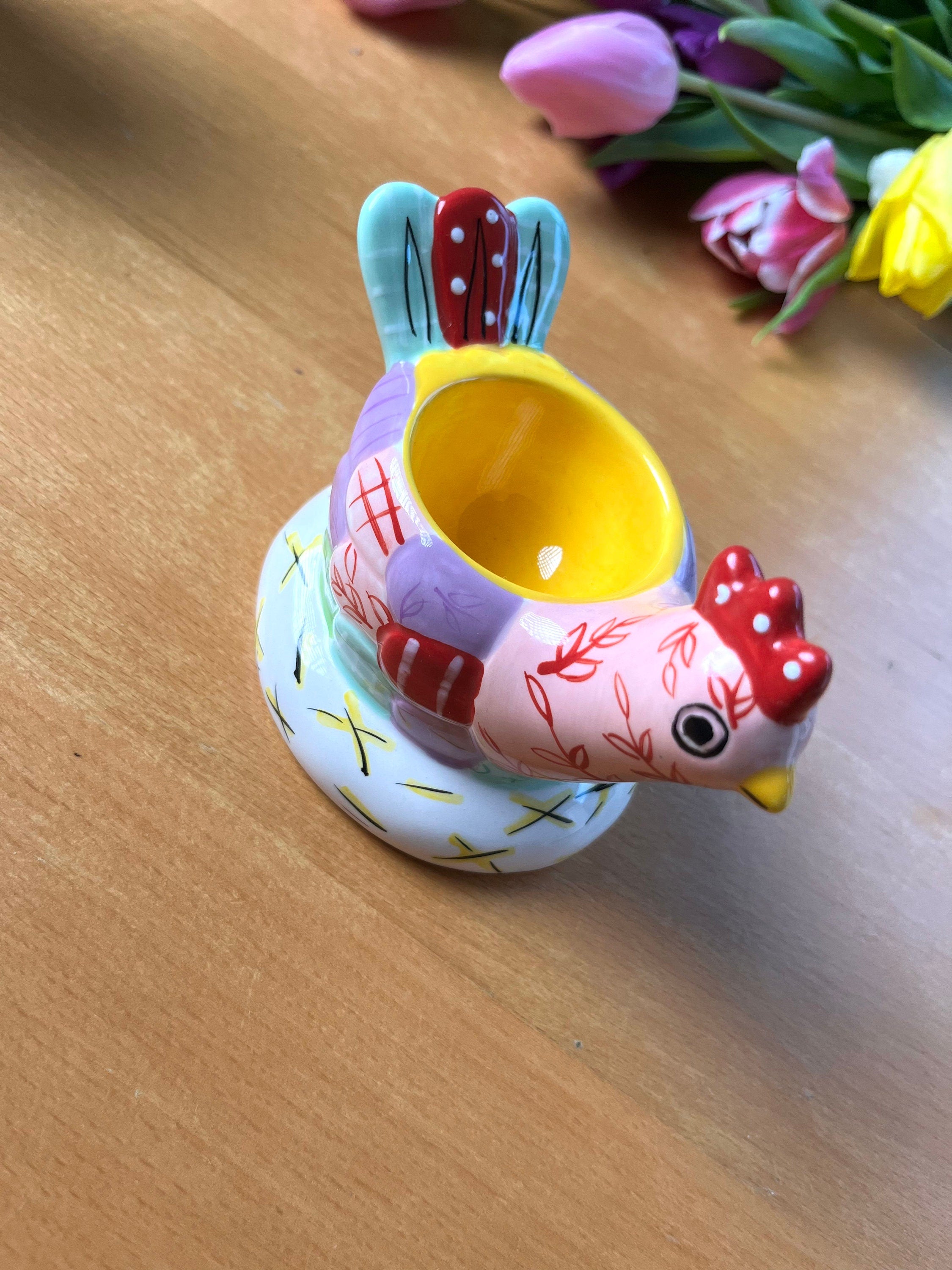 A Pair of Colourful Vintage Ceramic Egg Cups shaped as a Hen and a Chicken. Collectible Souvenir. Tableware. Gift for a kid. Gift unisex.