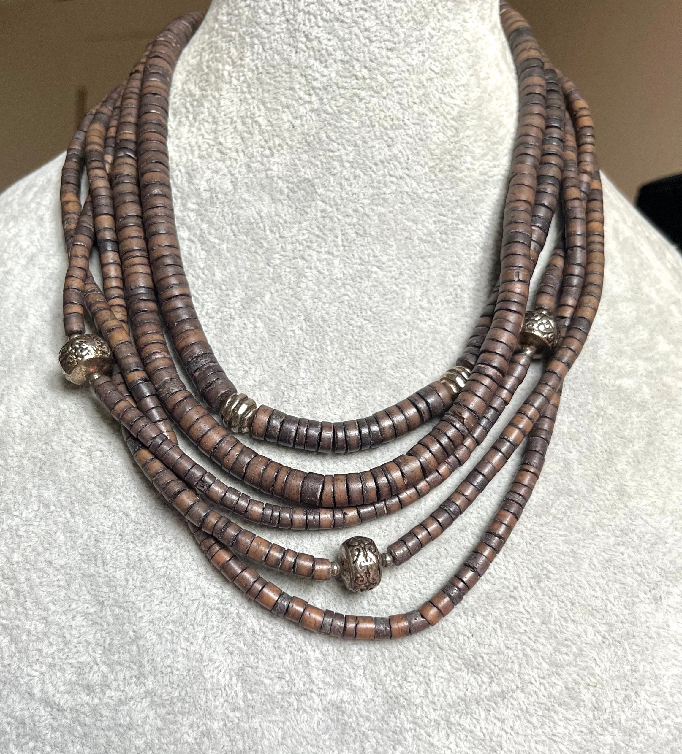 Natural Coconut Shell Heishi Beads with Silver Metal Spacers Boho style Multi strand  Vintage Necklace Unisex. Gift Unisex.