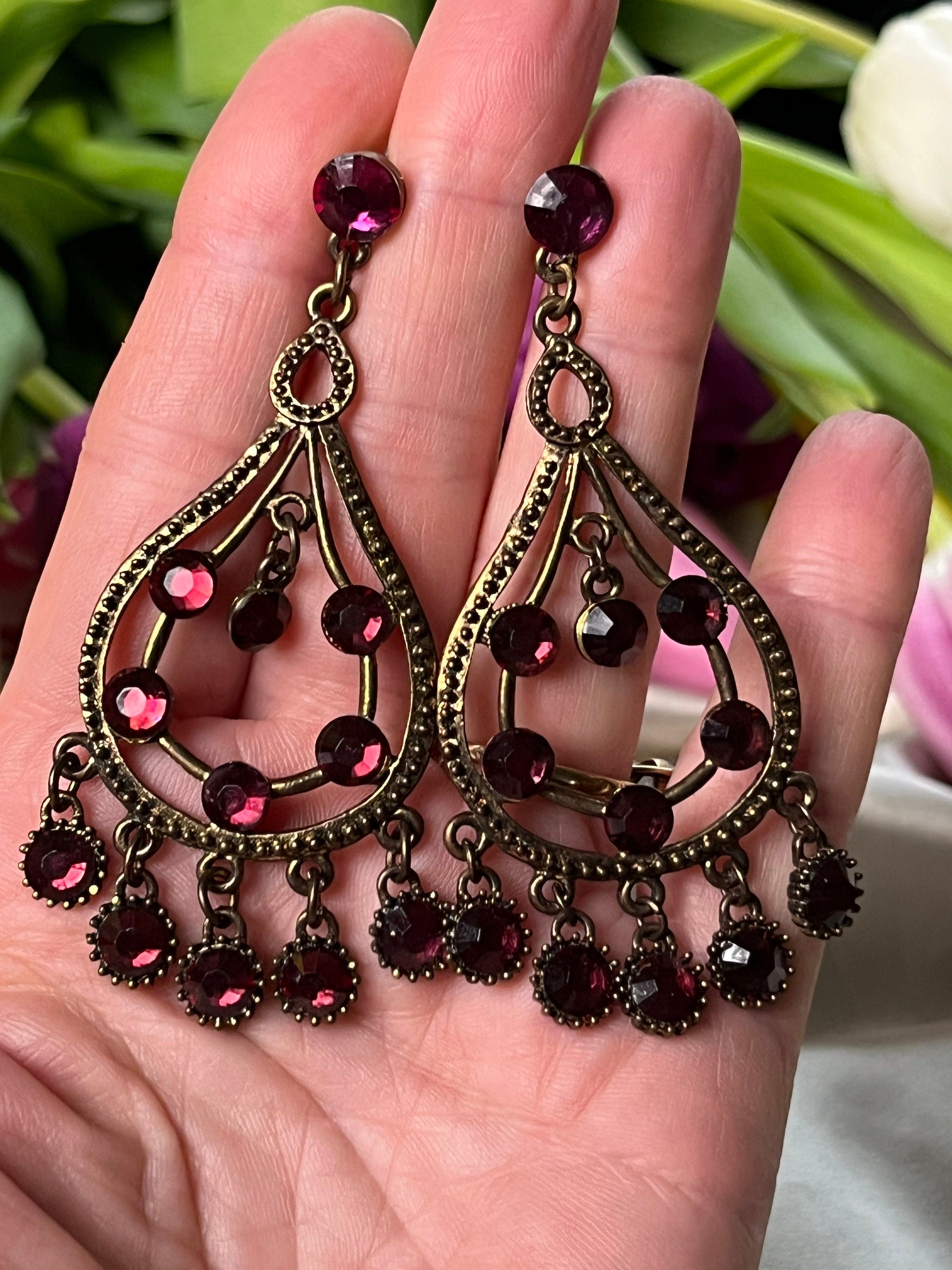 Beautiful Boho style Brass Dangle Drop Earrings with Garnet colour crystal cabochons. Earrings for a Woman. Gift for Her.