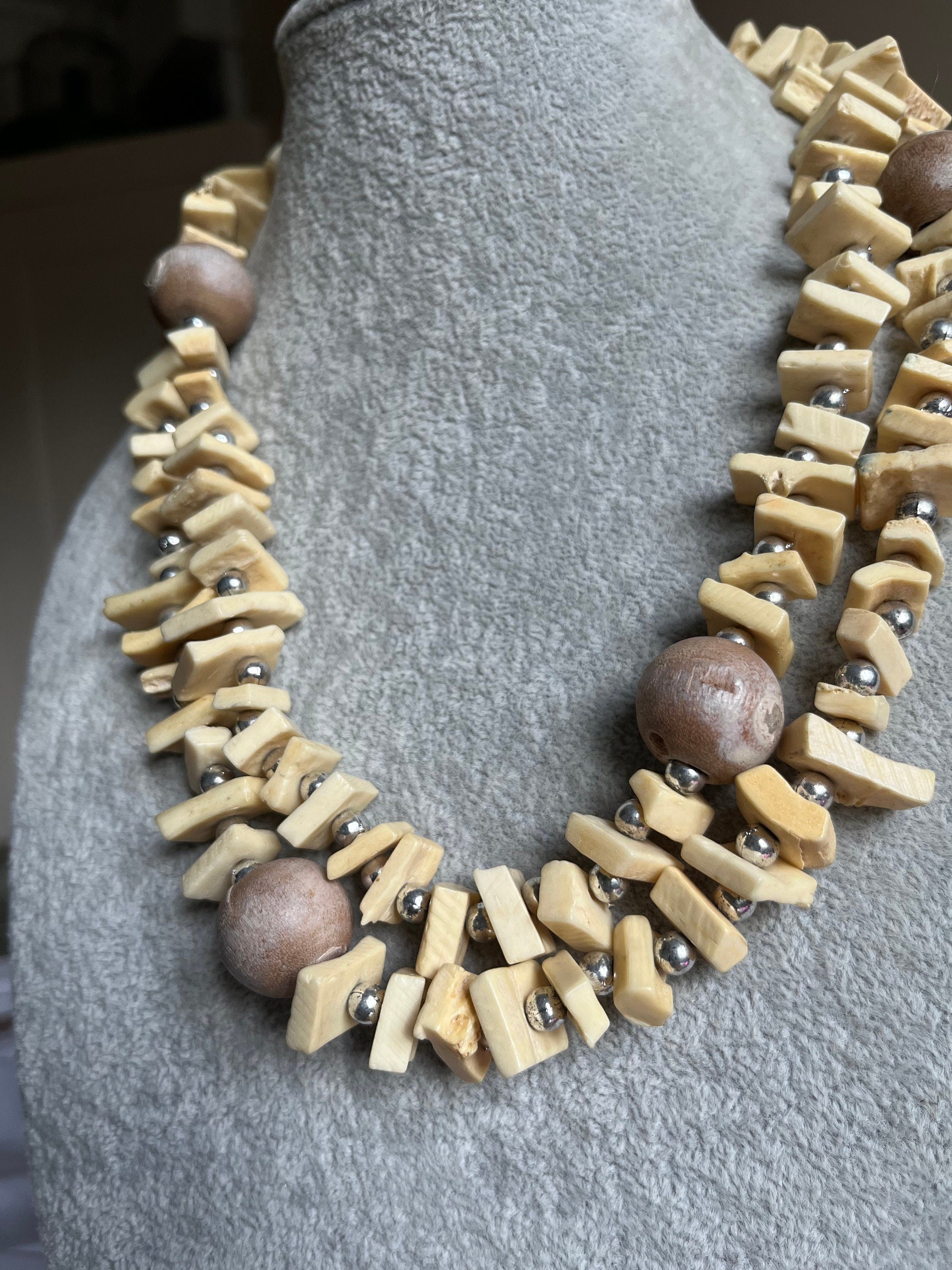 Rough looking Square Bone and Wooden Beads with Silver Tone metal Spacers. Ethnic Long Tribal Necklace. Gift for Her. Gift Unisex.