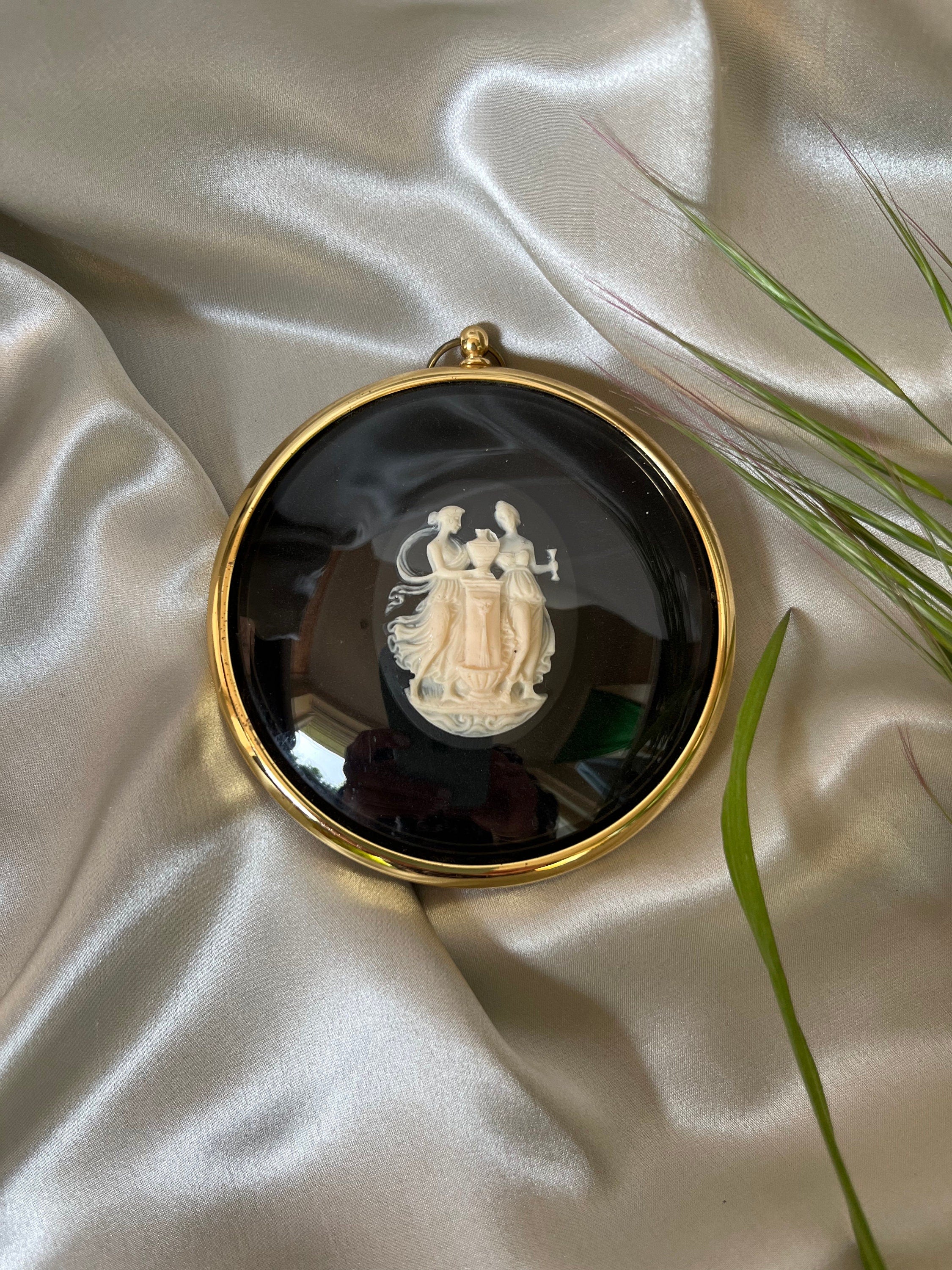 Signed Peter Bates Water Maidens in Cameo Black Round Brass Glass Miniature. Vintage Collectible Souvenir. Gift Unisex. Home Decoration