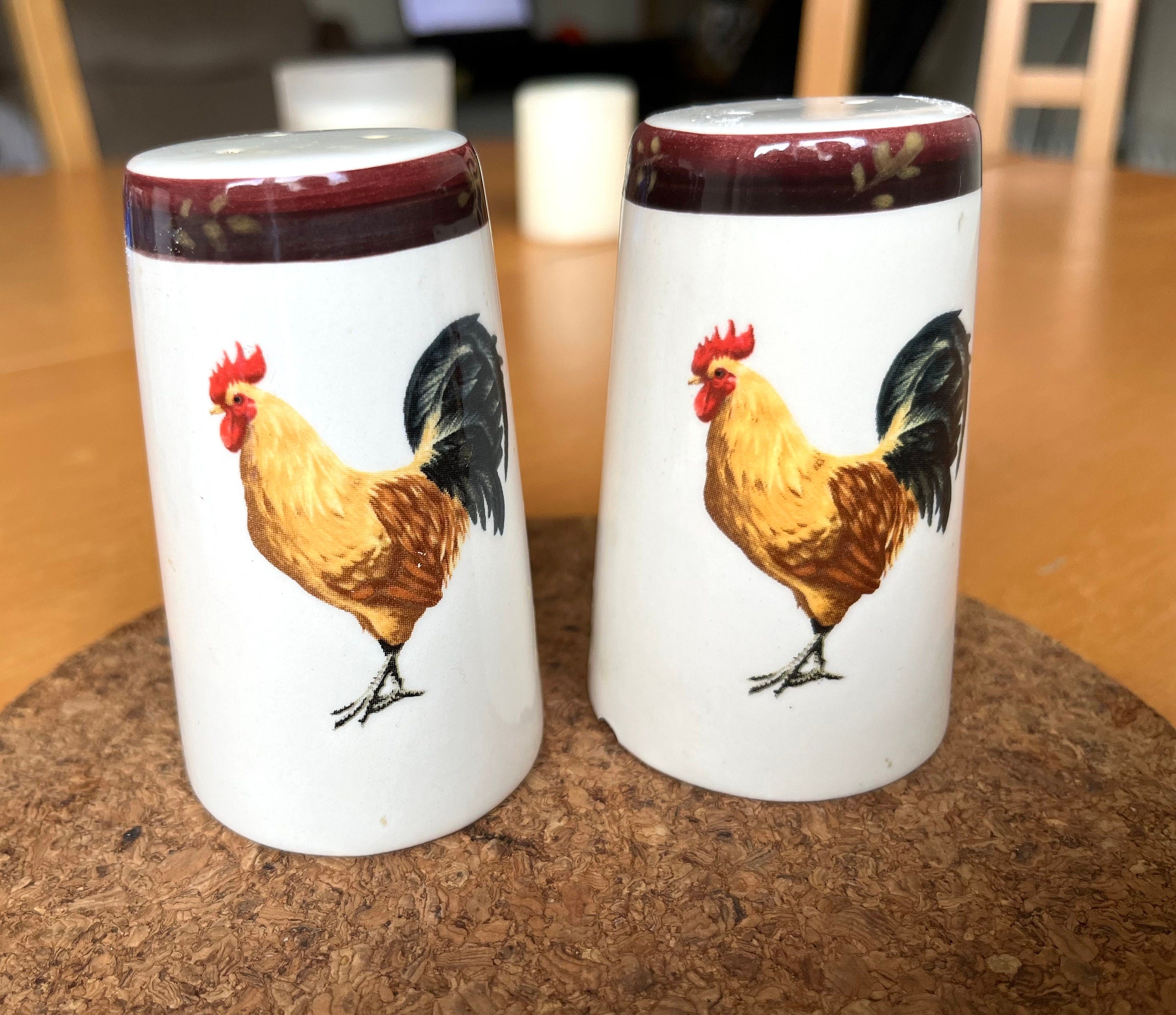 Salt and Pepper Vintage Ceramic Shakers with a Rooster image. Collectible Souvenir. Home decoration. Gift Unisex. Housewarming Present.