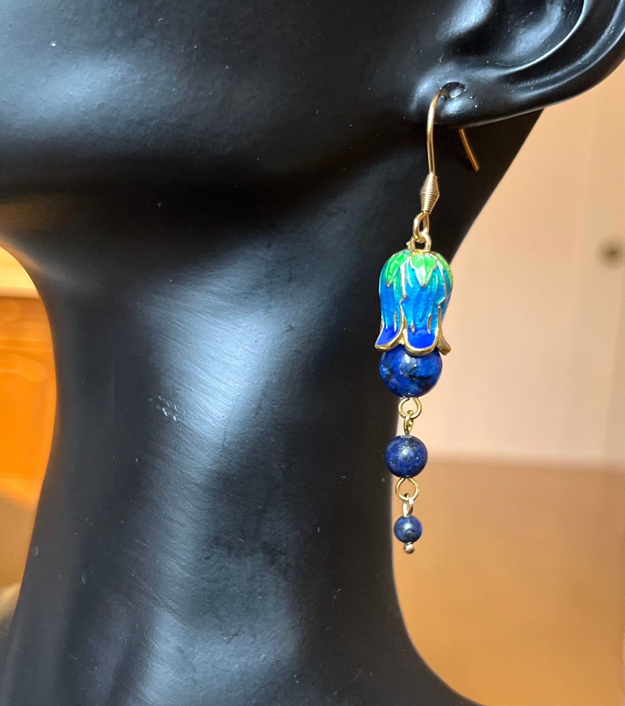 Natural Lapis Lazuli beads and Tulip Blue Enamelled Cup Dangle Drop Handmade Earrings with Gold Plated Stainless Steel Hooks. Gift for Her