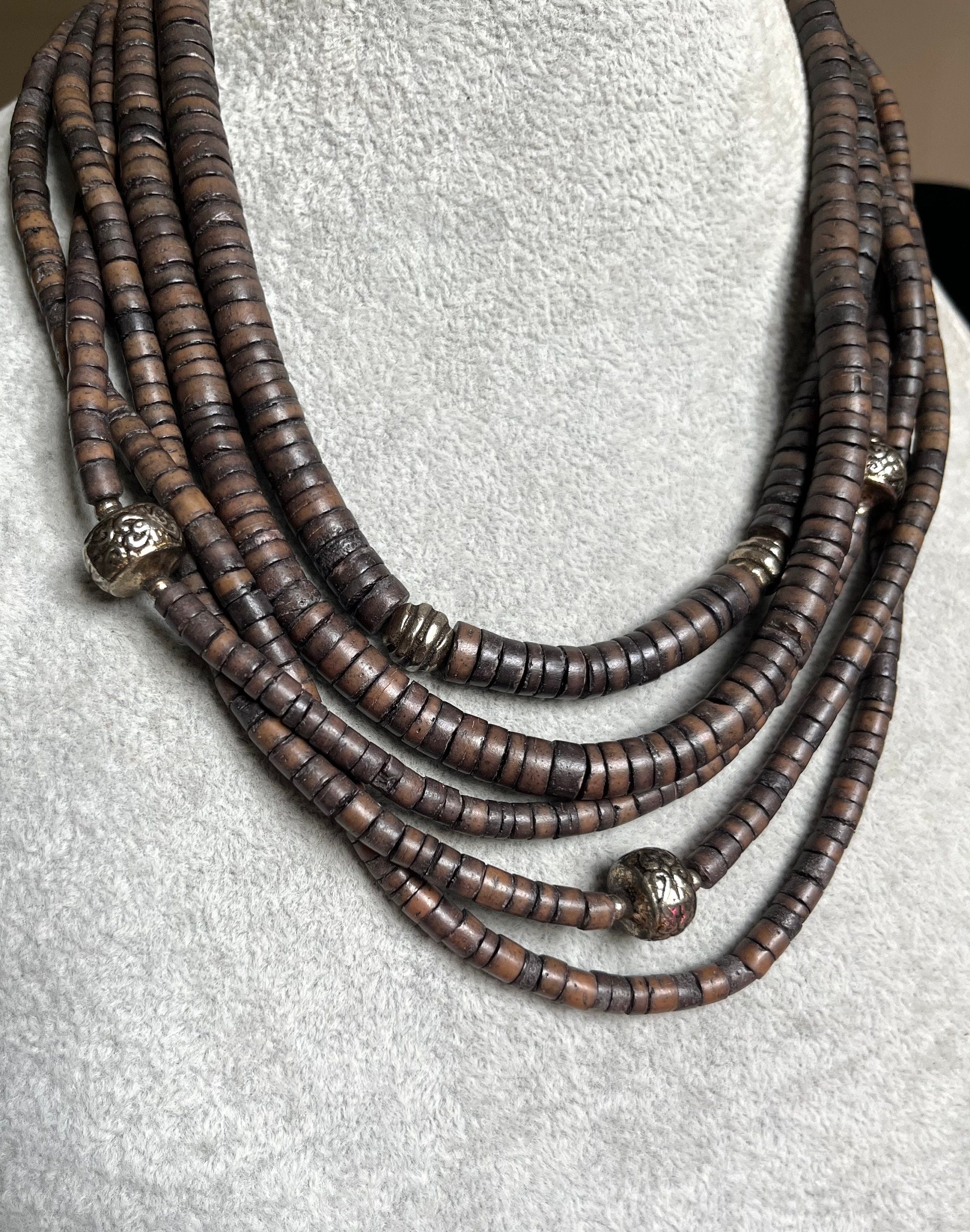 Natural Coconut Shell Heishi Beads with Silver Metal Spacers Boho style Multi strand  Vintage Necklace Unisex. Gift Unisex.