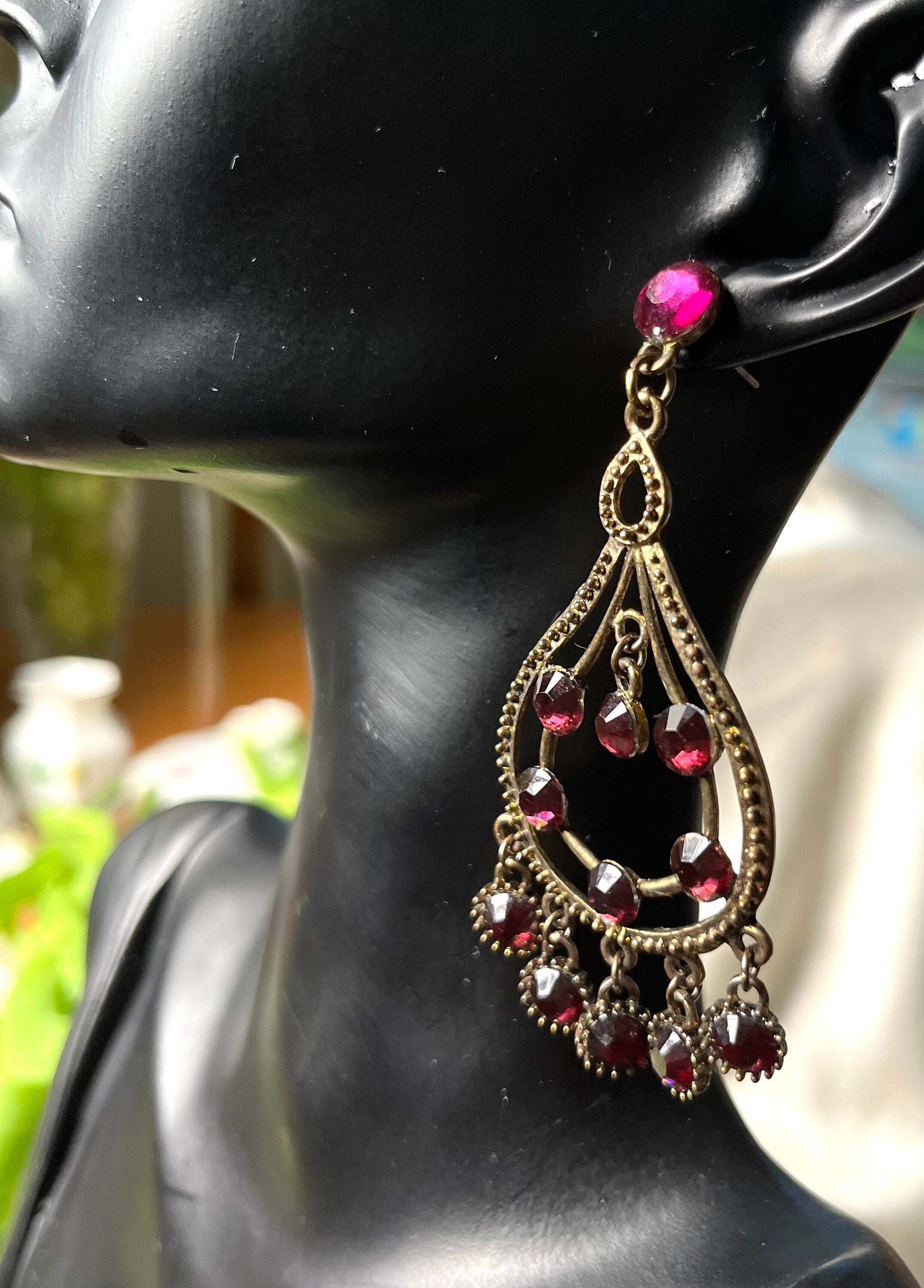 Beautiful Boho style Brass Dangle Drop Earrings with Garnet colour crystal cabochons. Earrings for a Woman. Gift for Her.