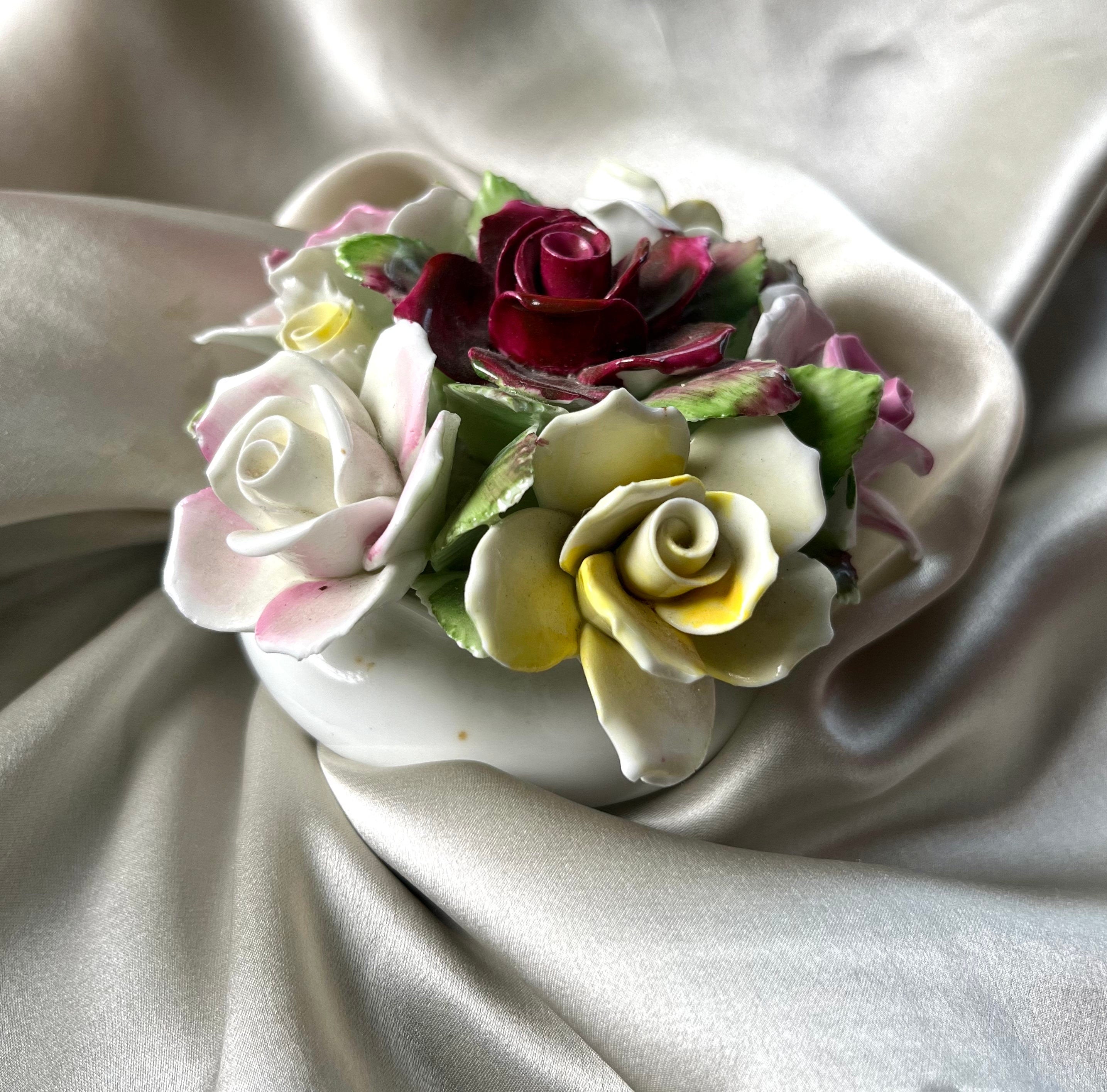 Signed Royal Doulton White Bone China Bowl with Multicoloured Roses Vintage Ornament. Collectible Souvenir from England. Gift Unisex.