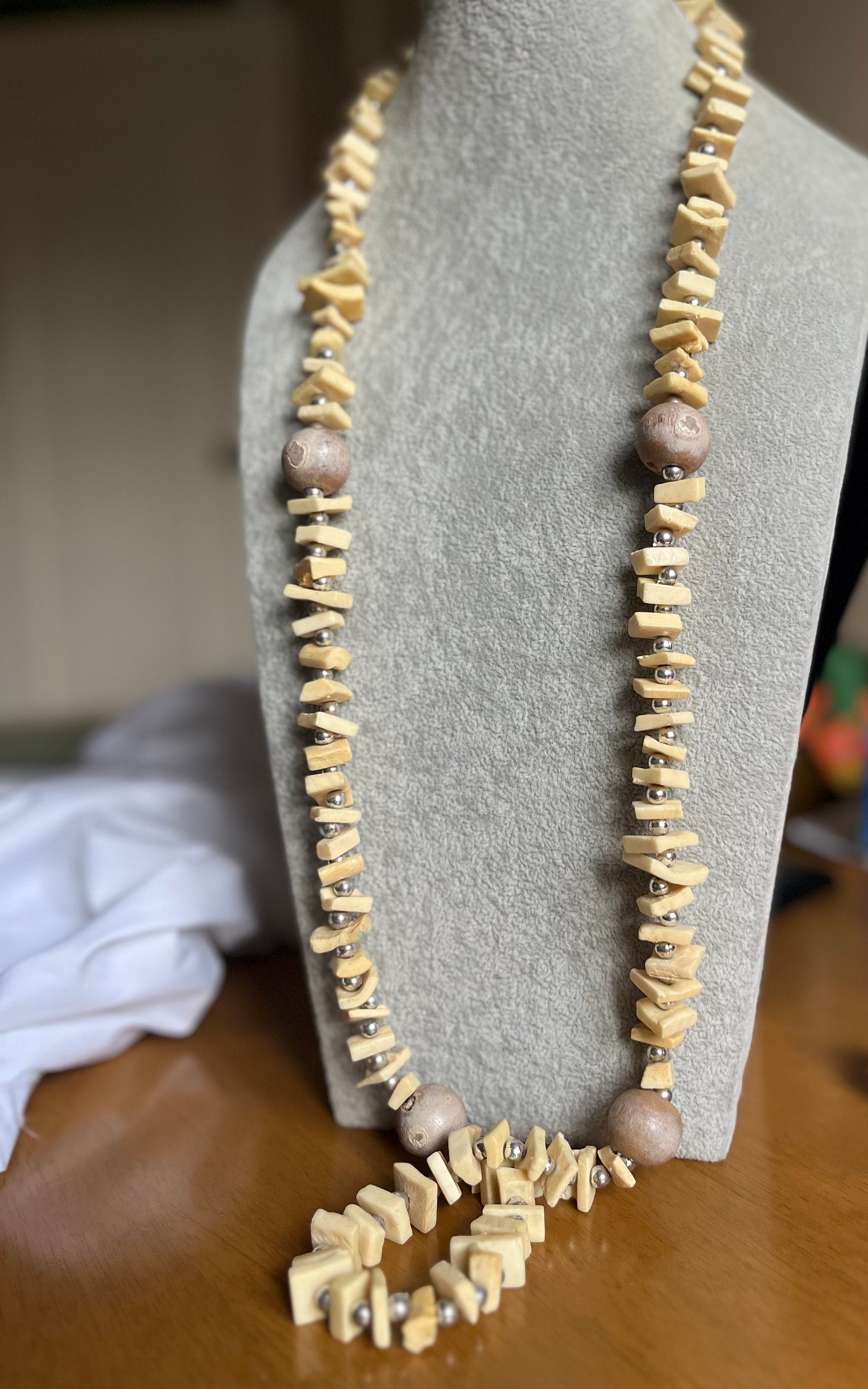 Rough looking Square Bone and Wooden Beads with Silver Tone metal Spacers. Ethnic Long Tribal Necklace. Gift for Her. Gift Unisex.