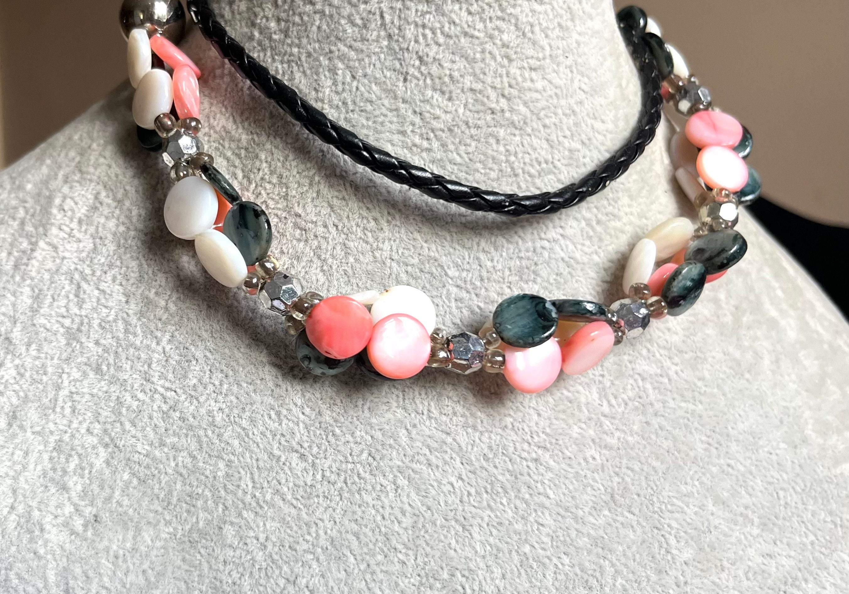 Natural Pink, Grey and White Shell Coin Beads and Black Faux Leather Vintage Necklace for a Woman. Gift for Her. Boho Style Necklace