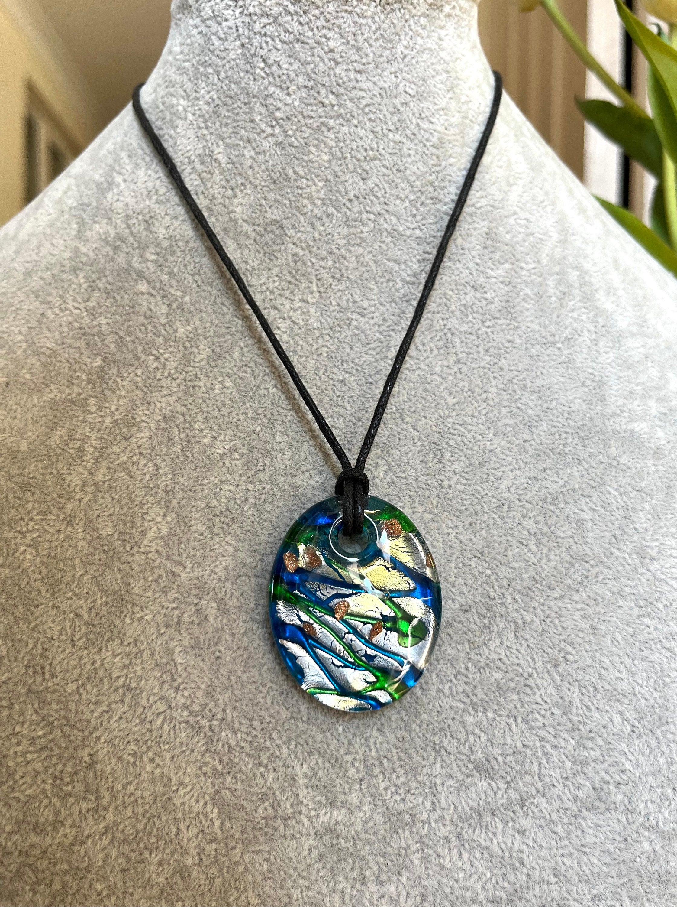 Murano Glass Gold, Blue and Green Oval Pendant on a Silky Cord Vintage Necklace for a Woman. Gift for Her. Boho style Necklace.