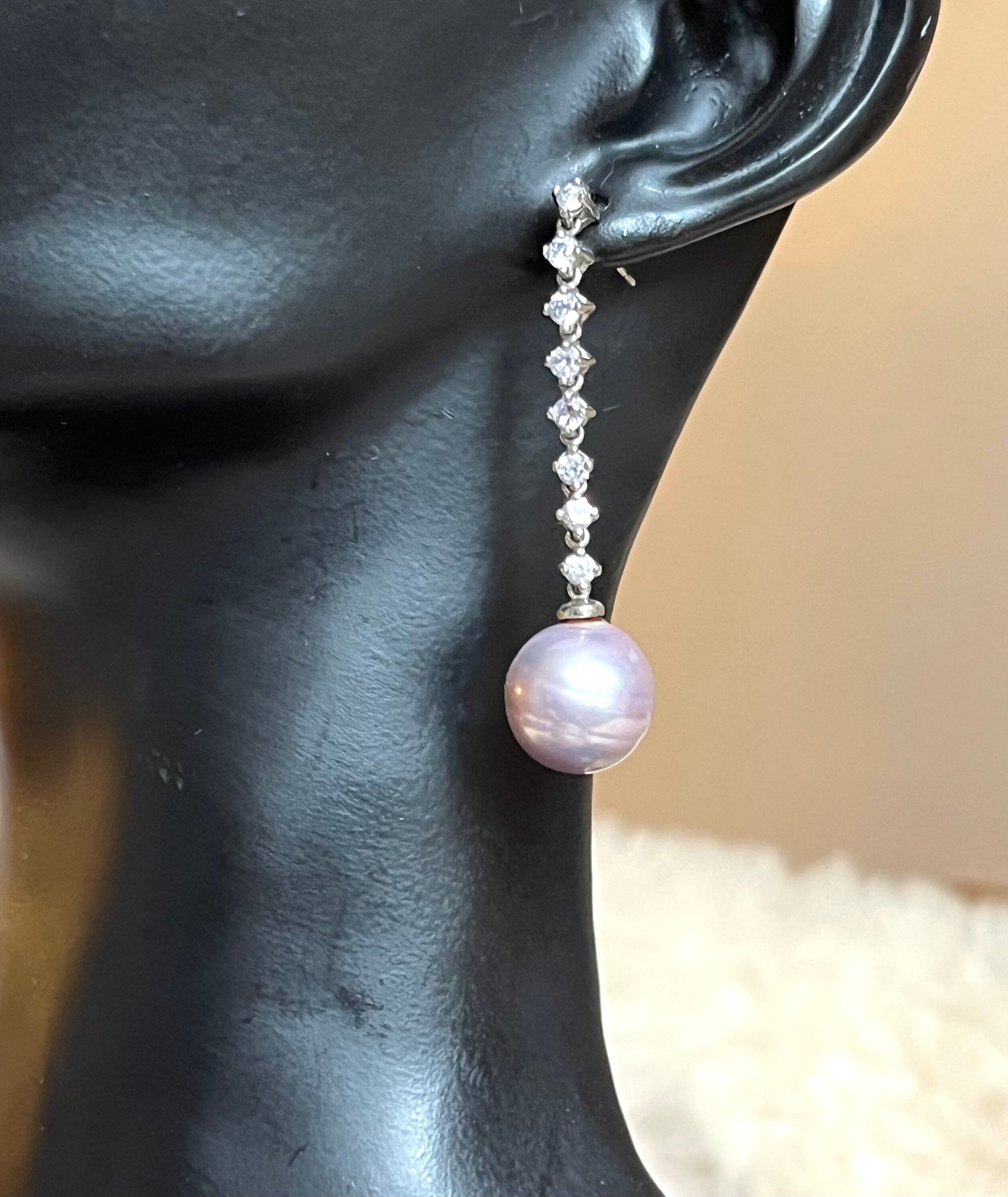 Natural Lavender Colour Pearl Bead on a long Box Rhinestones  Decorated chain Dangle Drop Earrings for a Woman. Gift for Her.