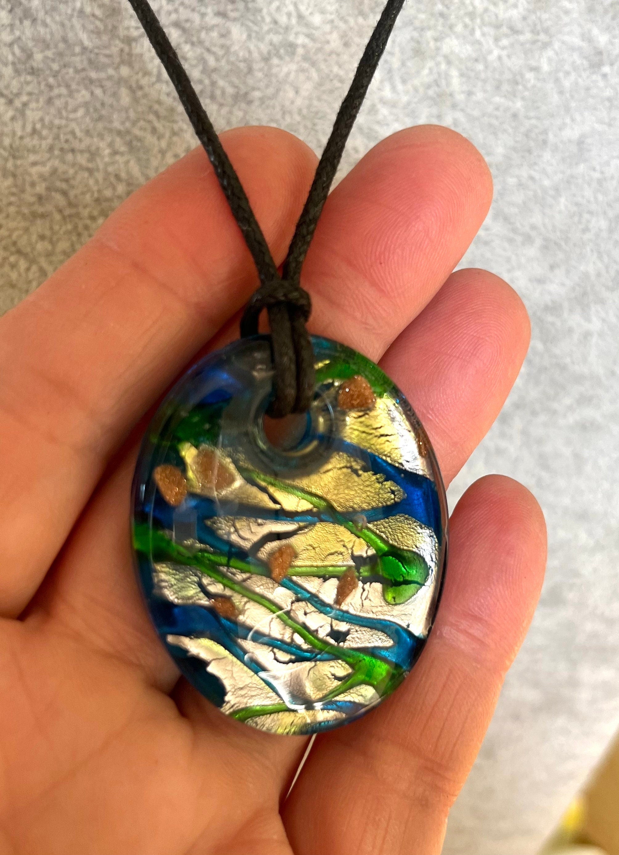 Murano Glass Gold, Blue and Green Oval Pendant on a Silky Cord Vintage Necklace for a Woman. Gift for Her. Boho style Necklace.