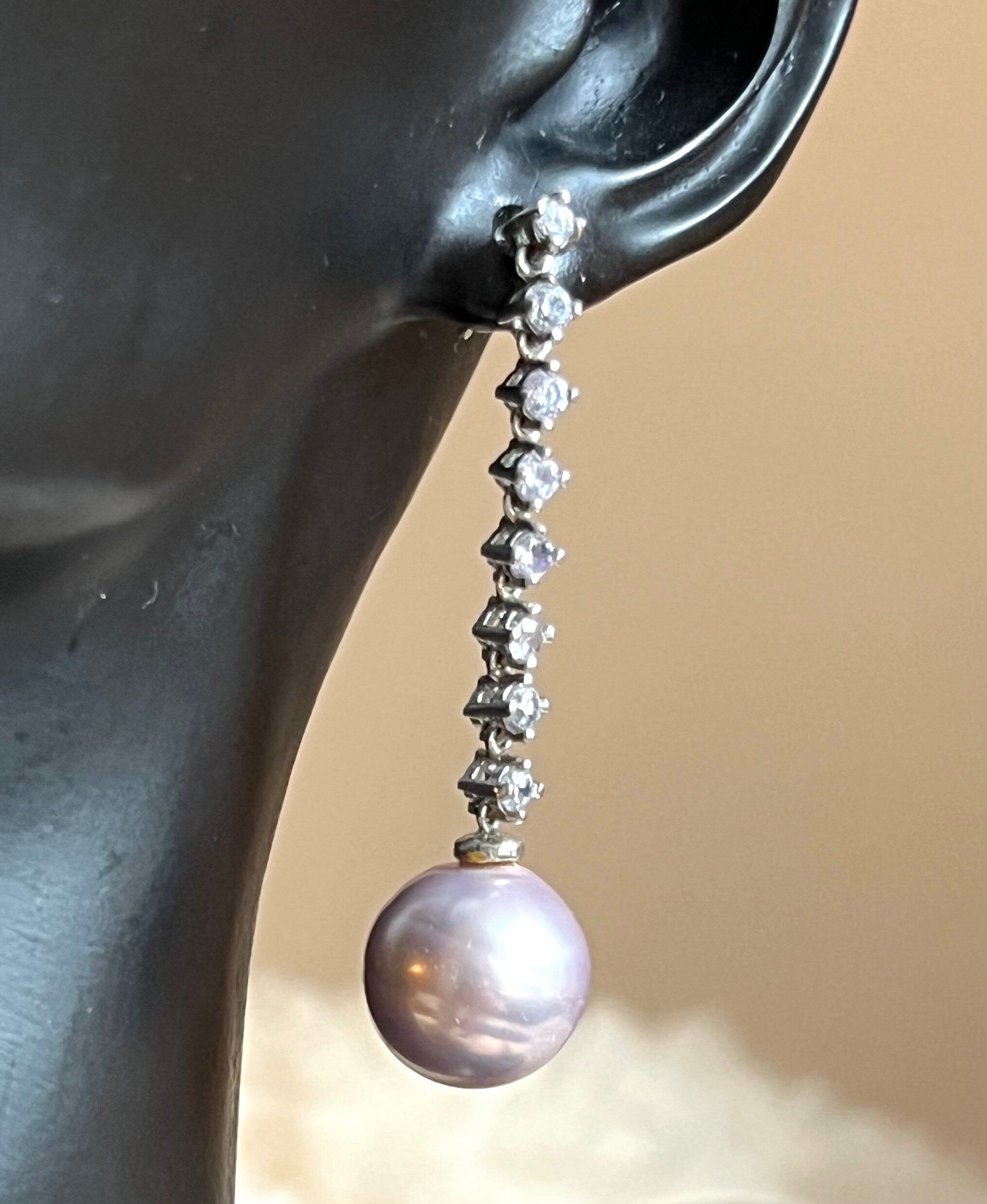 Natural Lavender Colour Pearl Bead on a long Box Rhinestones  Decorated chain Dangle Drop Earrings for a Woman. Gift for Her.